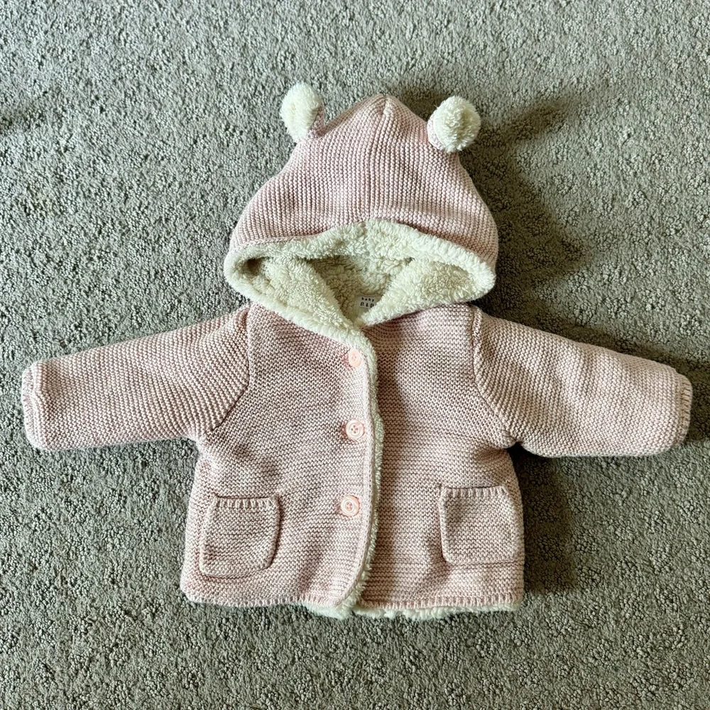 🩷 Baby Gap Pink Sherpa Lined Hooded Jacket with Bear Ears, Size 0-3 Months 🐻